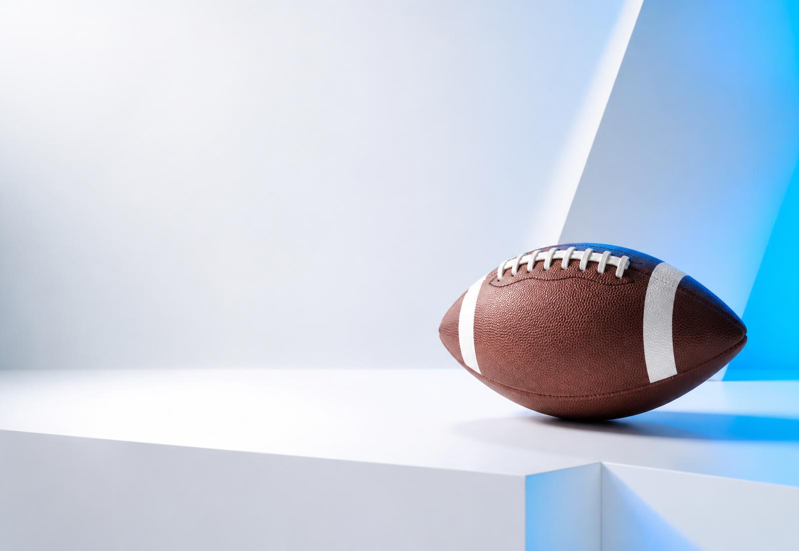 American football on a bright white studio surface lit with blue light